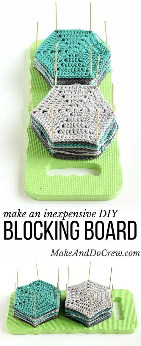 Learn how to block crochet or knit hexagons or granny squares with this incredibly easy and inexpensive DIY blocking board (made from a garden kneeling pad!) Click for full tutorial. | MakeAndDoCrew.com Diy Blocking Board, Block Crochet, Virkning Diagram, Motifs Granny Square, Granny Square Haken, Kneeling Pad, Confection Au Crochet, Crochet Tools, Crochet Hexagon