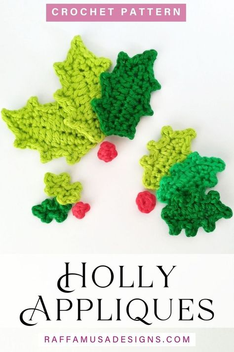 crochet holly leaves and berries appliques in three different sizes Crochet Holly, Christmas Applique Patterns, Appliques Au Crochet, Motifs D'appliques, Crochet Applique Patterns Free, Crochet Embellishments, Crochet Leaf Patterns, Confection Au Crochet, Crochet Xmas