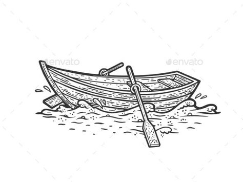 Wooden Boat on Water Waves Sketch Vector Row Boat Tattoo Simple, Boat Vector Illustration, Rowing Boat Illustration, Boat Sketch Simple, Boat Drawing Simple, Medieval Map, Waves Sketch, Wooden Row Boat, Boat On Water