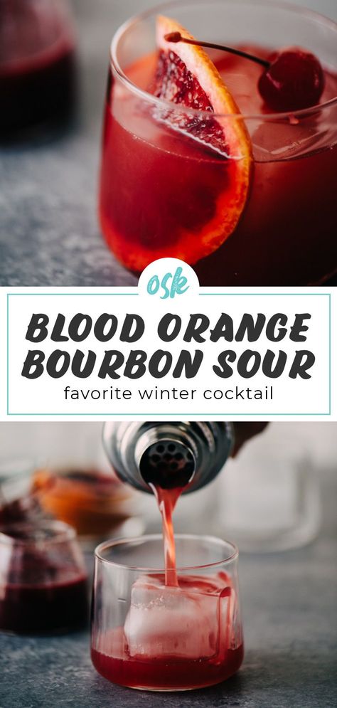 Winter Sour Cocktail, Smokey Bourbon Cocktail, Blood Orange Whiskey Sour, Winter Cocktails Bourbon, Honey Bourbon Cocktail, Best Bourbon Cocktails, Winter Bourbon Drinks, Blood Orange Bourbon Cocktail, Winter Whiskey Drinks