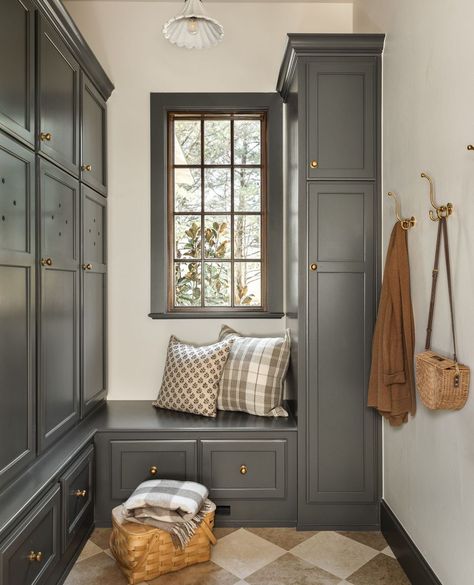 Kelsey McGregor | We wanted our home to feel incredibly warm and cozy, so we brought in tons of natural & reclaimed elements to give that “modern cottage”... | Instagram Functional Entryway Ideas, Corner Mudroom, Functional Entryway, Functional Mudroom, Mudroom Cabinets, Mudroom Lockers, Mudroom Design, Heritage House, Entryway Ideas