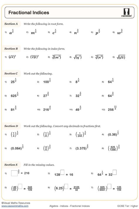 Benefit from this comprehensive Fractional Indices Worksheet that emphasizes simplifying and evaluating fractional indices. Engage your students in converting bases and fractional indices between root and index forms, while also reinforcing their ability to determine the values of numerical bases with fractional indices. Calculators can be utilized for added support, ensuring a thorough understanding of these mathematical concepts. Year 9 Maths Worksheets, Unit Fractions, Maths Worksheets, Algebra 2, Year 9, Math Worksheet, Problem Solving Skills, Printable Worksheets, Problem Solving