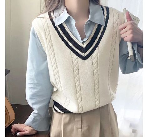 Japanese Preppy, Women Knitted Sweater, Vests Women, Sweater Preppy, Vest For Women, Style Vest, Sweater Vests, Sweater Vest Women, Chic Sweaters