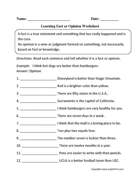 Learning Fact or Opinion Worksheets Fact And Opinion Worksheets 3rd Grade, Fact Opinion Activities, Opinion Writing Kindergarten, Fact And Opinion Worksheet, Fact Or Opinion, Reading Facts, Homework Ideas, Biodata Format, Teaching Themes