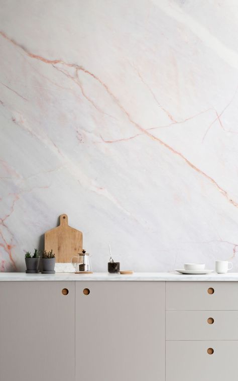 Truly transform your kitchen | Naked Kitchens Kitchen With Marble, Marble Effect Wallpaper, Design Hall, Kitchen Company, Interiors Magazine, Marble Wallpaper, Pink Kitchen, Kitchen Marble, Kitchen Units