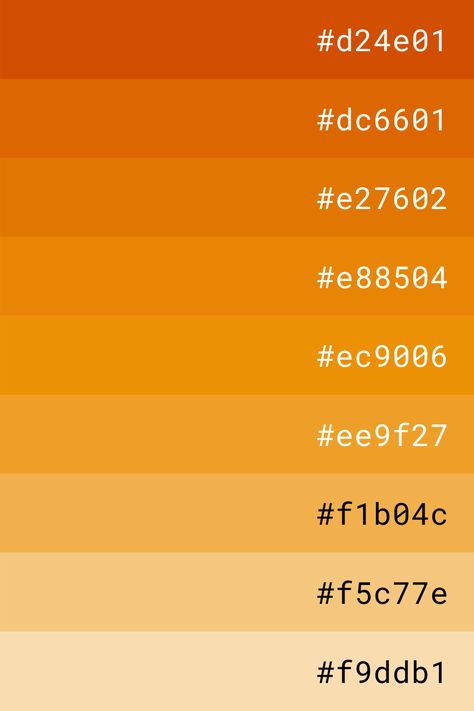 Orange Colors Shades, Yellow Orange Pallete Color, Orang Color Palet, Orange Gradient Palette, Zenitsu Color Palette, Orange Color Palette Hex Codes, Color Palette 9 Colors, Orange Hex Code Palette, Orange Pallet Color