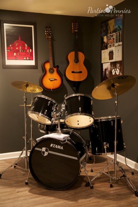 Man Cave Makeover - Parties for Pennies Music Man Cave, Man Cave Inspiration, Makeover Party, Drums Studio, Drum Room, Old Bookcase, Fishing Room, Music Room Decor, Luxury Vinyl Tile