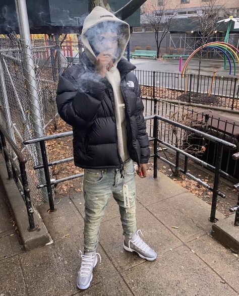 New York Drip Outfit Men, New York Drip Men, Nyc Drip Fits Men, Purple Brand Jeans Outfit Men, Cool Grey 11s Outfits Men, Men Drip Outfits, Winter Drip Outfits Men, Purple Jeans Outfit, Cool Grey 11s Outfits