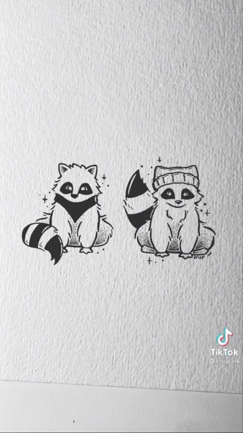 Raccoon Tattoo, Maching Tattoos, Cute Matching Tattoos, Matching Friend Tattoos, Bestie Tattoo, Dinosaur Tattoos, Matching Sister Tattoos, Arte Doodle, Sibling Tattoos