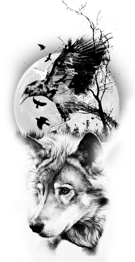 Wolf Artwork Illustrations, Wolf Face Tattoo, Wolf And Moon Tattoo, Natur Tattoo Arm, Rabe Tattoo, Lup Singuratic, Wolf White, Jin Jang, Raven And Wolf