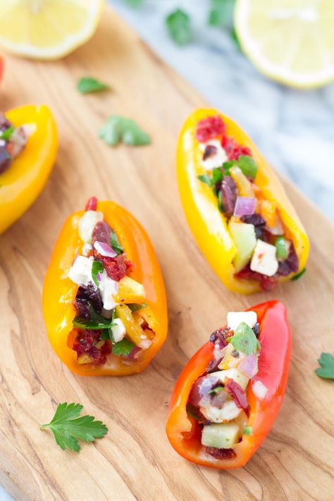 Boat Appetizers, Stuffed Peppers Appetizer, Peppers Appetizer, Vegetarian Greek Recipes, Mini Peppers Recipes, Clayton Ga, Sweet Pepper Recipes, Mini Peppers, Mini Sweet Peppers