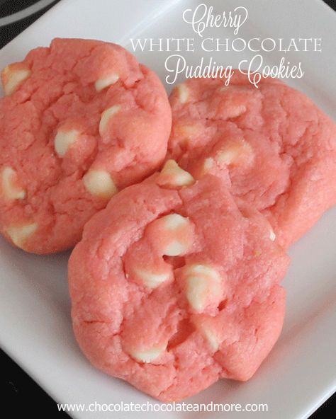 Cherry White Chocolate Pudding Cookies | Chocolate, Chocolate and more... White Chocolate Pudding, Chocolate Pudding Cookies, Pudding Cookies, Cookies Chocolate, Chocolate Chocolate, Cherry Flavor, Köstliche Desserts, Chocolate Pudding, Yummy Sweets