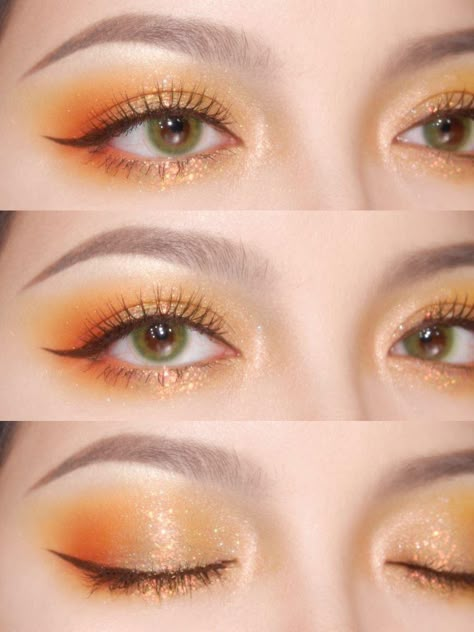 Korean Orange Makeup, Cute Orange Makeup, Yellow Make Up, Orange Make Up, Eye Makeup Yellow, Make Up Orange, Orange Makeup Looks, Yellow Makeup Looks, Orange Eyeshadow Looks