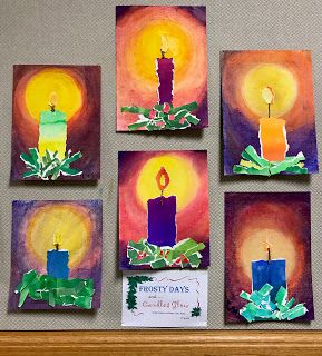 Candle Art Project For Kids, Chalk Pastel Christmas Art, Grade 5 Christmas Art, Advent Art Projects, Christmas Art Lessons, Christmas Art Projects For Elementary, Candle Collage, Advent Art, Christmas Chalkboard Art