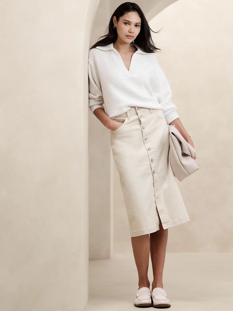 Women's Clothing Deals: Dresses, Jeans, Tops, Sweaters, Jackets and More White Denim Midi Skirt, Denim Skirts Knee Length, Skirt Boots, Pentecostal Fashion, Wrap Midi Skirt, White Midi Skirt, White Denim Skirt, Collared Sweater, Column Skirt