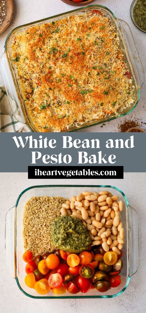 This simple white bean and pesto bake is a great “dump and bake” casserole that only takes a few minutes to assemble. It’s perfect for a busy weeknight meal! Easy Vegetable Bake Recipe, Easiest Casserole Recipes, Dump And Bake Healthy Recipes, Kidney Bean Casserole Recipes, Pesto Casserole Recipes, Healthy Dump And Bake Casseroles, Dump And Bake Vegetarian Casseroles, Dump And Bake Recipes Vegetarian, Healthy Dump And Bake Recipes Dinners