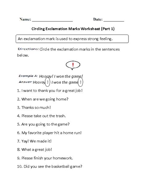 Circling Exclamation Marks Worksheet Part 1 Exclamatory Sentences, Punctuation Worksheets, Phonics Printables, Language Worksheets, Exclamation Mark, Punctuation Marks, Sentence Writing, Quotation Marks, Esl Teaching