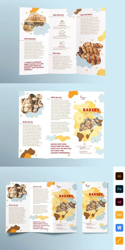 Research Brochure Design, Brochure Front Page Design, Bakery Brochure, Brochure Background, Brochure Trifold, Flyer Inspiration, Art Brochures, Brochure Design Creative, Brochure Design Layout