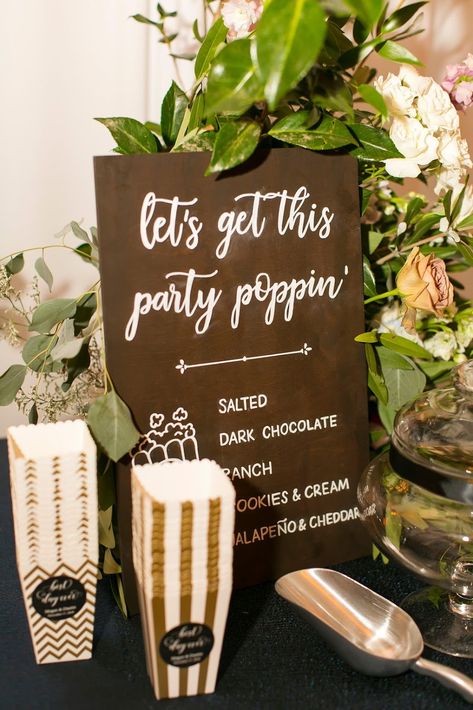 Wedding Reception Cocktail Hour Food, Popcorn At A Wedding, Popcorn Cocktail Hour, Cocktail Hour Popcorn Bar, Popcorn For Wedding, Popcorn Display Wedding, Popcorn Sign Wedding, Popcorn Table Wedding, Snack Tables For Weddings