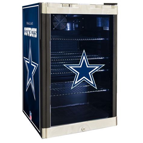 Keep your favorite frosty drinks close by while showing off your team spirit! Sporting officially licensed team graphics, this freestanding beverage center features a tempered glass door so you know when to restock. It has a door lock and interior LED lighting. Detroit Lions Football, Beverage Center, Beverage Refrigerator, Mini Fridges, Image Swag, Nfl Dallas Cowboys, Nfl Gear, San Jose Sharks, Beverage Cooler