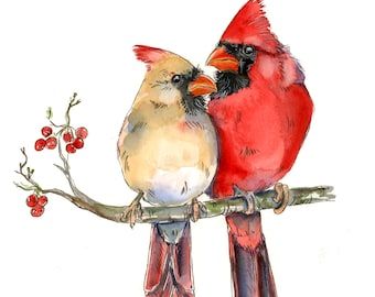 Cardinal Pair, Cardinal Birds Art, Cardinal Painting, Bird Watercolor Paintings, Painting Winter, Winter Tree, Cardinal Birds, Love Anniversary, Watercolor Paintings Tutorials