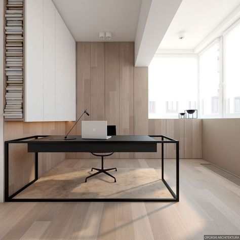 2 Super Simple Homes With Light Wood Panels And Matte Black Accents - Office Desk - Ideas of Office Desk #OfficeDesk -  Minimal Office Space With Light Wood Panels And Matte Black Accents Minimal Office Space, Minimalist Home Office, Modern Office Space, Interior Design Per La Casa, Interior Minimalista, Minimalist Office, Empty Room, Workspace Design, Interior Modern