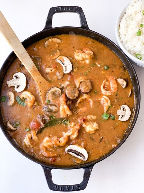 Shrimp and Andouille Sausage Fricassee - Creole Contessa Shrimp Fricassee, Shrimp And Andouille Sausage, Cast Iron Skillet Recipes Dinner, Chicken Gumbo, Seasoned Veggies, Cast Iron Skillet Recipes, Creole Recipes, Cajun Shrimp, Andouille Sausage