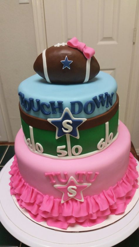 Gender Reveal Football and Tutu Cake                                                                                                                                                                                 More Football Gender Reveal Party, Reveal Party Food Ideas, Gender Reveal Party Food Ideas, Gender Reveal Football, Football Tutu, Football Gender Reveal, Gender Reveal Party Food, Tutu Cake, Gender Reveal Box