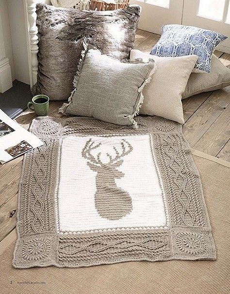 Crochet Deer Blanket pattern. Ideal for men, cabins or outdoor decor. Designed with rich texture and gives you options to design your own blanket. Crochet Patterns For Blankets Free, Crochet Along Patterns Free, Crochet Deer Blanket, Cabin Crochet Blanket, Picture Blankets, Cable Afghan, Country Crochet, Afghan Crochet Patterns Easy, Cabin Diy