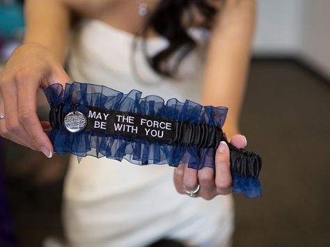 Something blue Star Wars wedding garter ~ we ❤ this! moncheribridals.com Star Wars Wedding Theme, Nerd Wedding, Geeky Wedding, Nerdy Wedding, Geek Wedding, Star Wars Wedding, Lace Garter, Cute Wedding Ideas, Wedding Garter