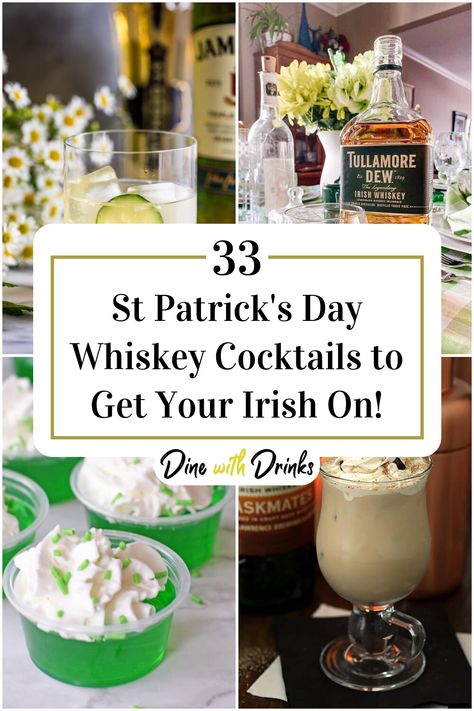 Collage of 4 st patrick's day whiskey cocktails. Whiskey Based Cocktails, Leprechaun Cocktail, Best Whiskey Cocktails, Whiskey Cocktail Recipes, Whiskey Lemonade, Best Whiskey, Cocktail Recipes Whiskey, Jameson Whiskey, Jameson Irish Whiskey