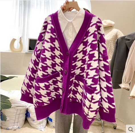 Houndstooth Purple Cardigan Women V neck Single Breasted Autumn Winter Sweters Female Loose Style Vintage Elegant Knit Coat| | - AliExpress Korean Fashion Chic, Cardigans Women, Knit Coat, Crewneck Sweatshirt Women, Coat Women Fashion, Long Knit Cardigan, Purple Cardigan, Houndstooth Jacket, Long Coat Women