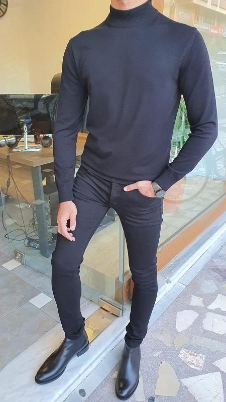 Black Outfit Men, Men's Denim Style, Black Leather Chelsea Boots, Mens Turtleneck, Mens Kurta Designs, Mock Turtleneck Sweater, Knitwear Sweater, Mens Casual Outfits Summer, Dapper Style