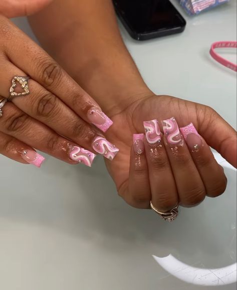 Short Acrylic Nails Designs Y2k, Y2k Nails Acrylic Short Pink, Pink Birthday Nails Acrylic Short, Short French Tip Acrylic Nails Design Pink Glitter, Pink Nail Sets Short, Freestyle Short Acrylic Nails, Baddie Bling Nails Short, Exotic Short Nails, Short Bling Nails