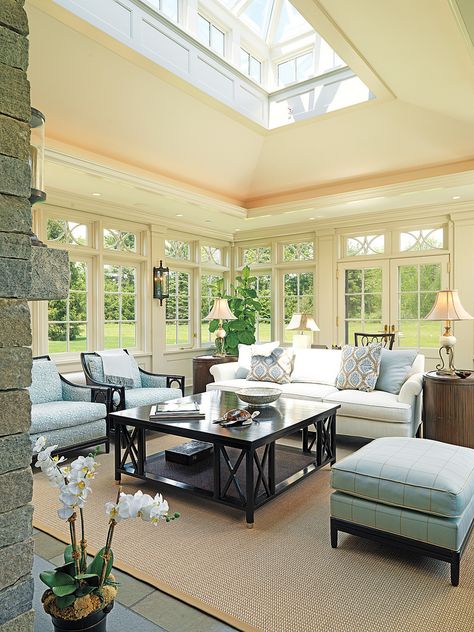 Architecture by Mellowes & Paladino, Inc.; Built by Kenneth Vona Construction; Interior Design by Deysher Advisory Services and Susan Maier & Associates; Photography by Richard Mandelkorn | by Boston Design Guide Sunroom Designs, Real Estat, Lots Of Windows, Pool Design, House Furniture, Room Decorations, A Living Room, Design Living, Home Fashion