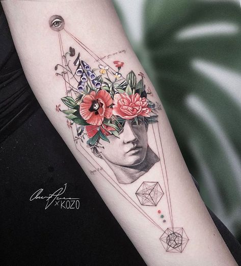 Abstract floral portrait with geometric shapes. Collaboration piece by Kozo Tattoo & Oscar Akermo at Bang Bang Tattoo in NYC. Tattoo Abstract, Surreal Tattoo, Realistic Tattoo Sleeve, Famous Tattoos, Greek Tattoos, 3d Tattoo, No Rain, Best Tattoo Designs, Abstract Tattoo