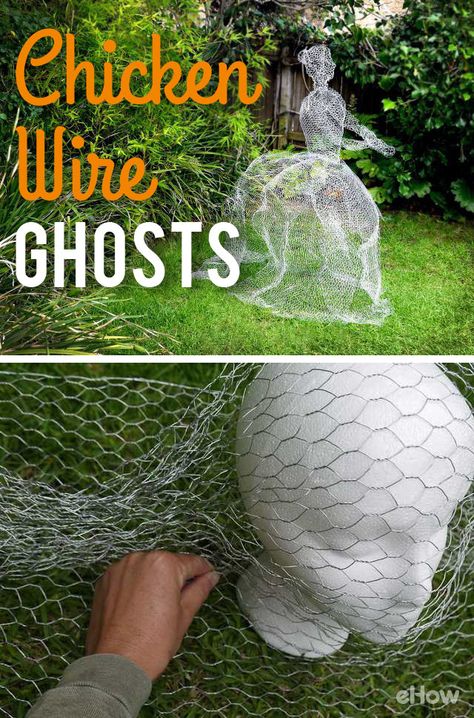 Your front lawn NEEDS this for Halloween this year! Whether your planning on having a haunted house, any sort of Halloween party, or just want to decorate and get into the spooky spirit, this easy chicken wire ghost is perfect for any home. Don't they look creepy? DIY instructions here: http://www.ehow.com/how_12341033_make-chicken-wire-ghosts.html?utm_source=pinterest.com&utm_medium=referral&utm_content=freestyle&utm_campaign=fanpage Chicken Wire Ghost, Wire Ghosts, Kebun Herbal, Chicken Wire Sculpture, Chicken Wire Crafts, Dekorasi Halloween, Halloween Fest, Halloween Decor Diy, Halloween Prop