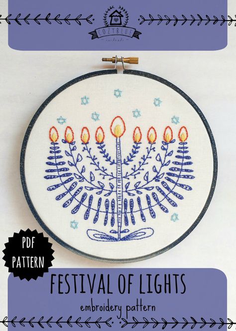 Cozyblue Embroidery, Jewish Crafts, Hanukkah Decor, Pdf Embroidery Pattern, Hanukkah Crafts, Chanukah Decor, Hanukkah Decorations, Hanukkah Menorah, Festival Of Lights