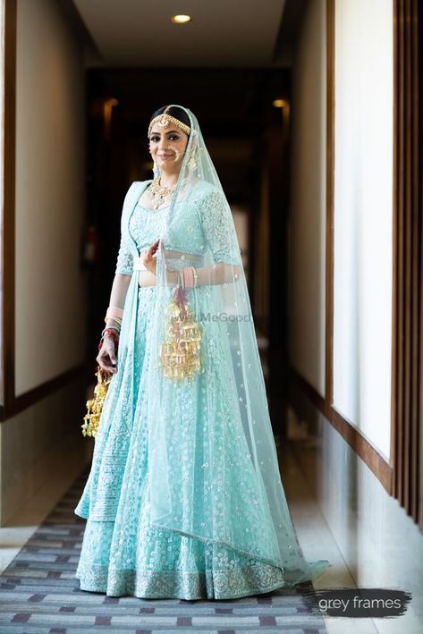 Aqua blue bridal lehenga for wedding. See more on wedmegood.com  #wedmegood #indianwedding #indianbride #bridallehenga #lehenga #lehengacholi #kaleere #weddingdress Indian Bridal Lehenga Blue, Light Blue Lehenga, Blue Bridal Lehenga, Bollywood Brides, Lehenga Blue, Half Sarees, Lehnga Dress, Indian Bridal Lehenga, Bridal Lehenga Red