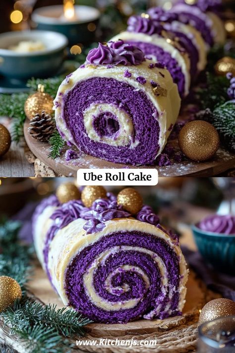 Recipe This Ube Roll Cake is a delightful dessert featuring a soft and fluffy ube cake filled with a luscious whipped cream cheese frosting. Perfect for all your celebrations! Ube Roll Cake, Ube Chiffon Cake Recipe, Ube Chiffon Cake, Ube Roll, Ube Dessert Recipe, Ube Dessert, Ube Cake, Whipped Cream Cheese Frosting, Christmas Recipe