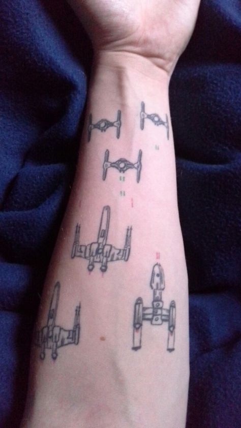 Star Wars Tattoo, X-Wing, Y-Wing,  Tie Fighter Star Wars Tie Fighter Tattoo, Star Wars X Wing Tattoo, X Wing Fighter Tattoo, Star Wars Tattoo Ideas For Men, Star Wars Ship Tattoo, Spaceship Tattoos, Tie Fighter Tattoo, Star Wars Flash Tattoo, X Wing Tattoo