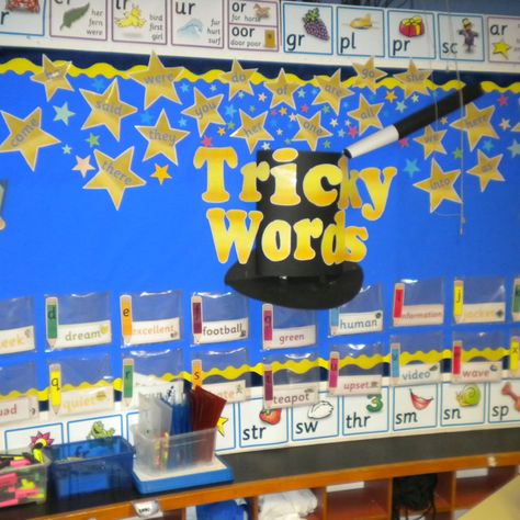 A Tricky Word Wall with an interactive word bank that kids can use to help them during writing. Tricky Words Display, Word Aware Display, Little Wandle Phonics Display, Ckla Tricky Word Wall, Tricky Word Wall, Creative Word Walls Classroom, Personal Word Wall First Grade, Phonics Display, Living And Nonliving