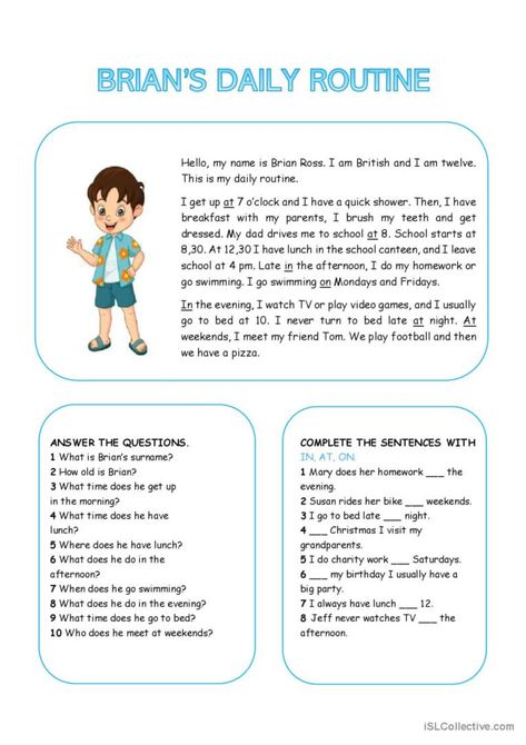 RC & prepositions of time - Brian's daily routine Present Simple Reading Comprehension, Present Simple Tense, Daily Routine Activities, Simple Present Tense, Reading Comprehension Lessons, Present Tense, Grammar Practice, Reading Comprehension Activities, English Lessons For Kids