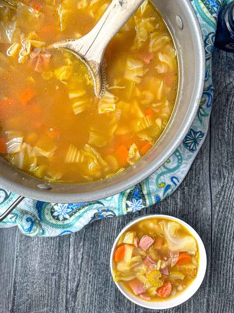 This ham and cabbage soup recipe is a family favorite. It's the perfect dish to make after a big ham dinner. Use the ham bone to make a flavorful ham stock and lots of healthy vegetables to make this warming soup. There is also a low calorie and low carb version. Low Calorie Ham Recipes, Leftover Ham Soup Recipes, Recipes Using Ham Bone, Ham Bone Vegetable Soup, Cabbage Soup Easy, Recipes Using Ham, Ham Bone Soup Recipes, Ham Stock, Leftover Ham Bone