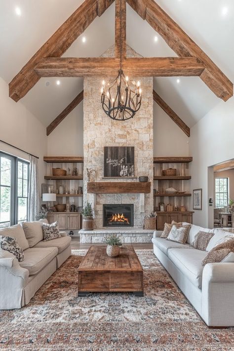 29 Barndominium Living Room Ideas to Blend Modern and Farmhouse Styles 2 Arched Ceiling Living Room, Fireplace In Barndominium, Farmhouse Great Room Ideas, Barndominium Fireplace Ideas, Barndo Living Room, Barndominium Living Room, Cozy Barndominium, Barndominium Decor, Traditional Rustic Decor