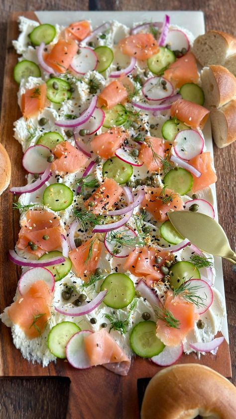 Alex Kamper | Kamper’s Kitchen | Now here’s a trend we can get on *board* with 🤤⠀ ⠀ Cream cheese & lox board 🥯⠀ ⠀ Ingredients 👇🏼⠀ Whipped Cream cheese⠀ Sliced Cucumber⠀... | Instagram Lox Brunch Board, Lox Board Smoked Salmon, Cream Cheese And Lox Board, Caper Cream Cheese, Cream Cheese Board With Salmon, Cream Cheese Salmon Board, Cream Cheese Smoked Salmon Board, Smoked Salmon Butter Board, Soft Cheese Board