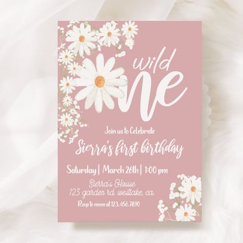 Boho Daisy 1st Birthday, Daisy 1st Birthday Invitation, Boho 1st Birthday Theme, Wild One First Birthday Invitation, One Year Old Daisy Party, Daisy First Birthday Theme Food, Floral First Birthday Theme, Daisy First Birthday Invitation, Wild One Birthday Flowers