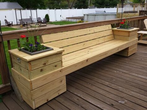 Deck bench with planter boxes.  Planter boxes remove to expose ice cooler beneath. Garden Benches With Planters, Deck Benches With Planters, Pallet Planter Bench, Garden Bench Planter, Diy Planter Bench Outdoor, Planter Boxes With Bench, Diy Bench With Planter Boxes, Outdoor Bench With Planters, Garden Bench With Planters