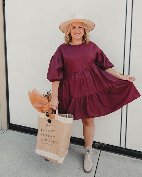 20+ Fall Outfits |What to wear for fall - SELL EAT LOVE Burgundy Dress | Fall Dress | Target Dress | $30 and under Burgundy Dress Fall, Babydoll Dress Outfit, Aesthetic Blog, Lots Of Layers, Dress Booties, Target Dress, Midsize Fashion, Blog Photos, Fall Winter Dresses