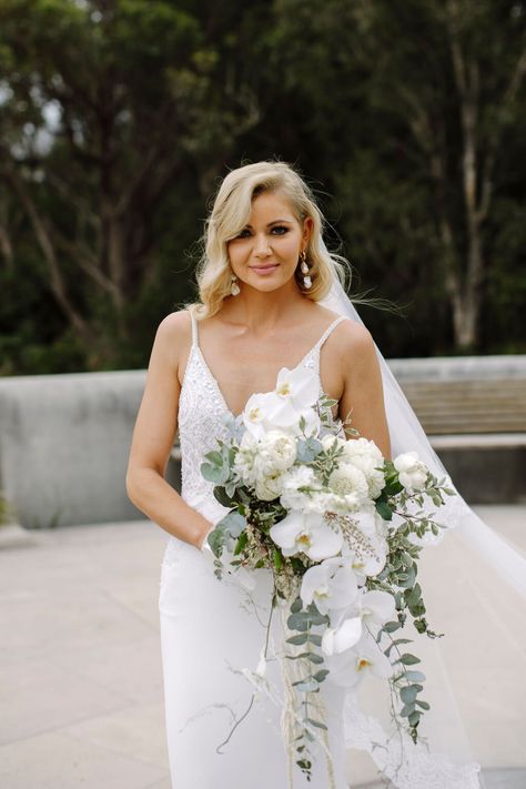 Wedding Arch White Roses, White Wedding Floral Arrangements, Wedding Perfumes, Tropical White Flowers Wedding, Wedding Bouquets Hawaii, Bride Bouquets White Elegant Cascade, Tasmanian Wedding, Native Australian Bouquet White And Green, White Rose Cascade Bridal Bouquet